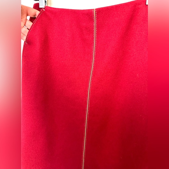 Vintage J.CREW A-Line Skirt Wool Blends Red Maroon Tan Piping Stitching Pockets - Picture 4 of 12